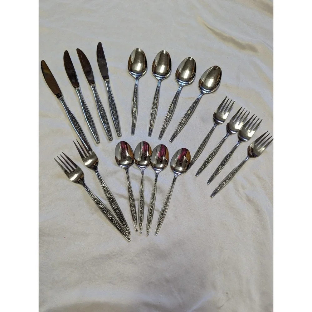 National CADIZ Scroll Flower Floral Stainless Silverware Flatware 18 Pcs Japan